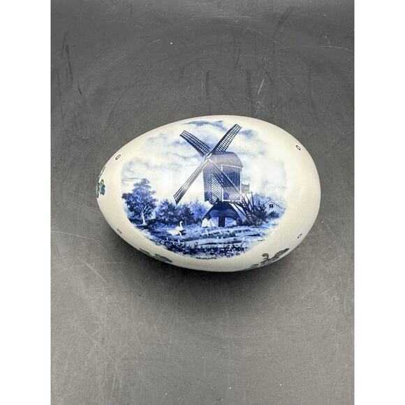 Delft Style Porcelain Blue White Egg from Lancaster PA Windmills Flowers - Picture 2 of 9